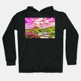 Purple Aesthetic Mountain Landscape Field of Flowers Stone Steps Hoodie